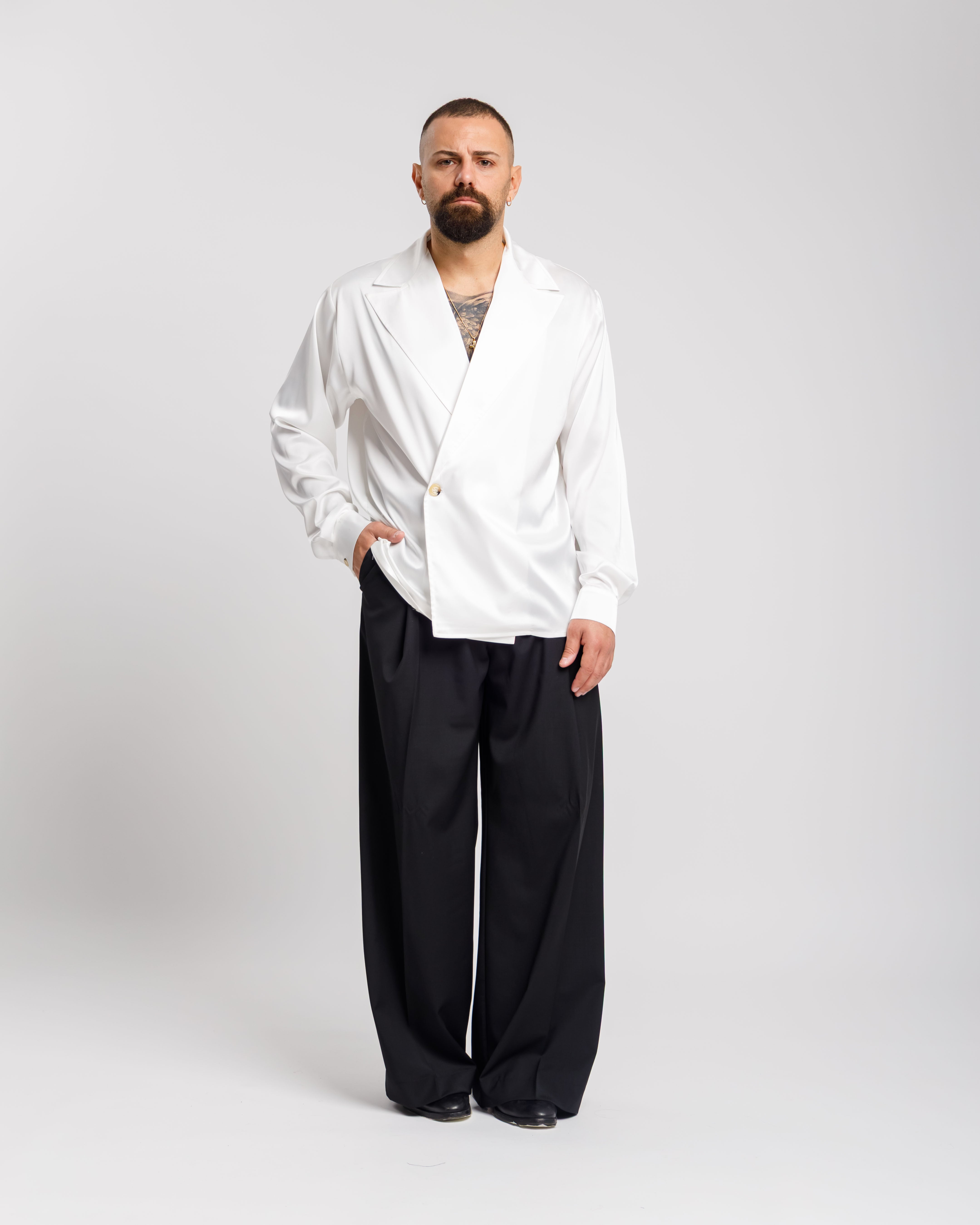 Camicia In Raso Con Rever Ampio - Ma1049 Bianca