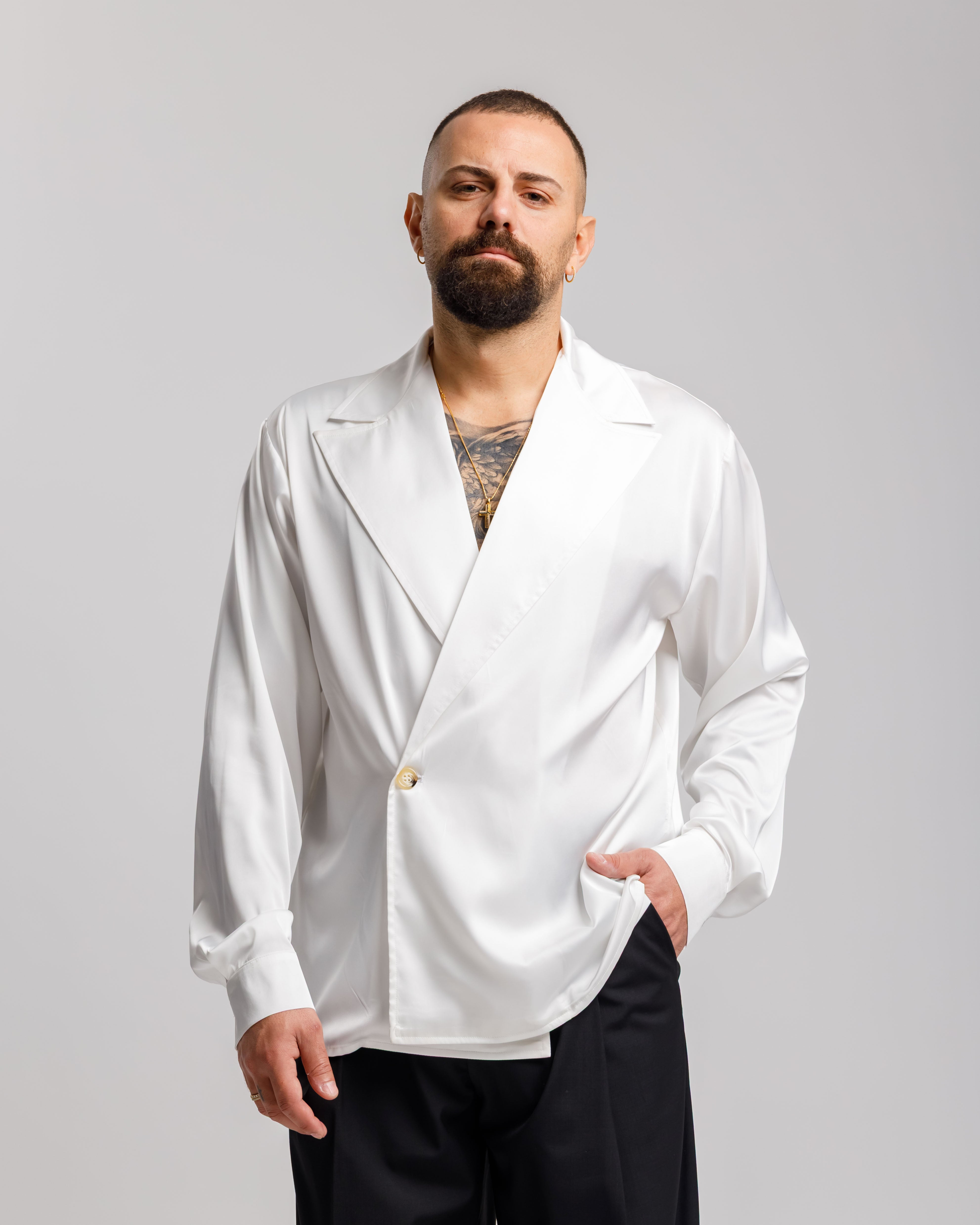 Camicia In Raso Con Rever Ampio - Ma1049 Bianca