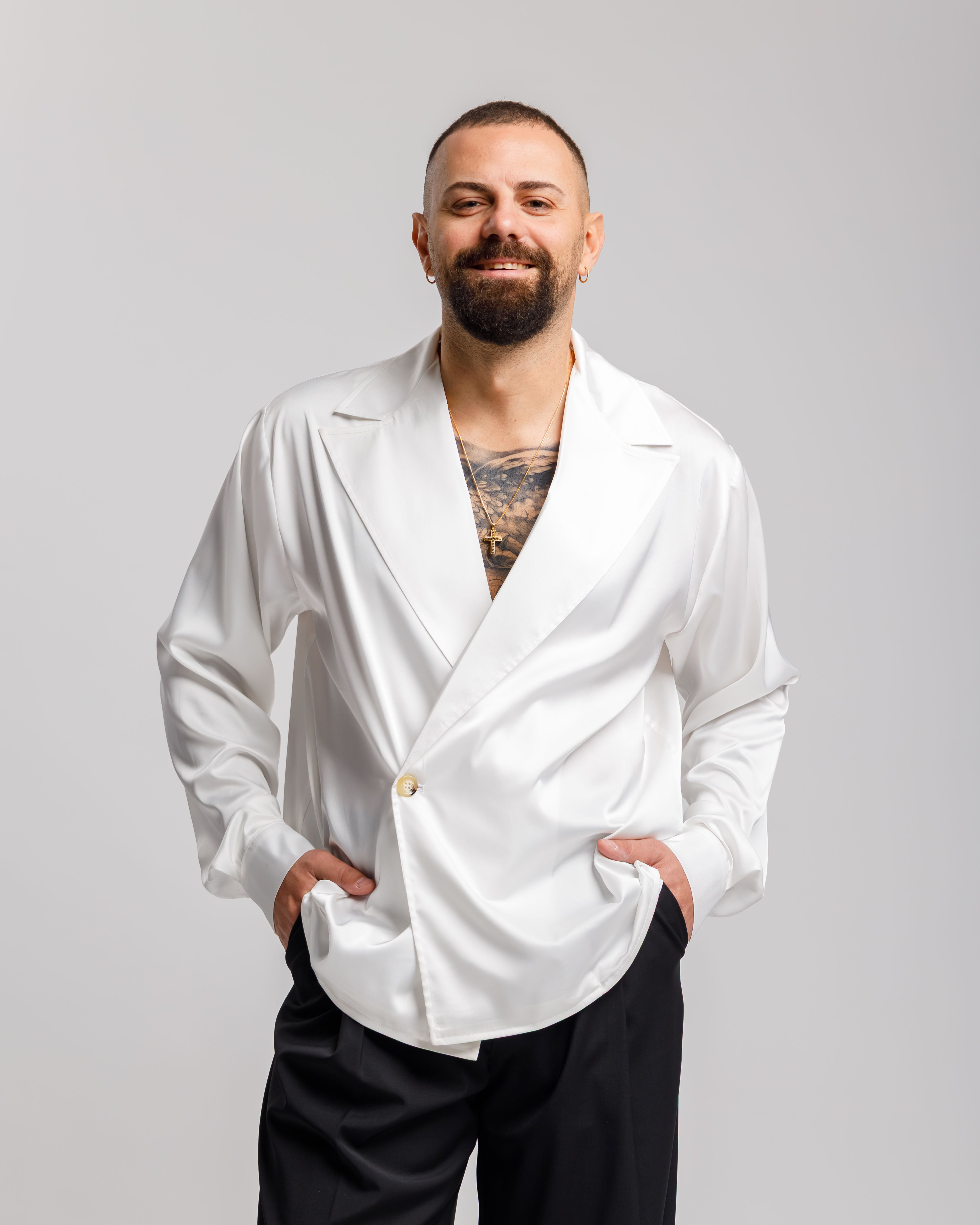 Camicia In Raso Con Rever Ampio - Ma1049 Bianca