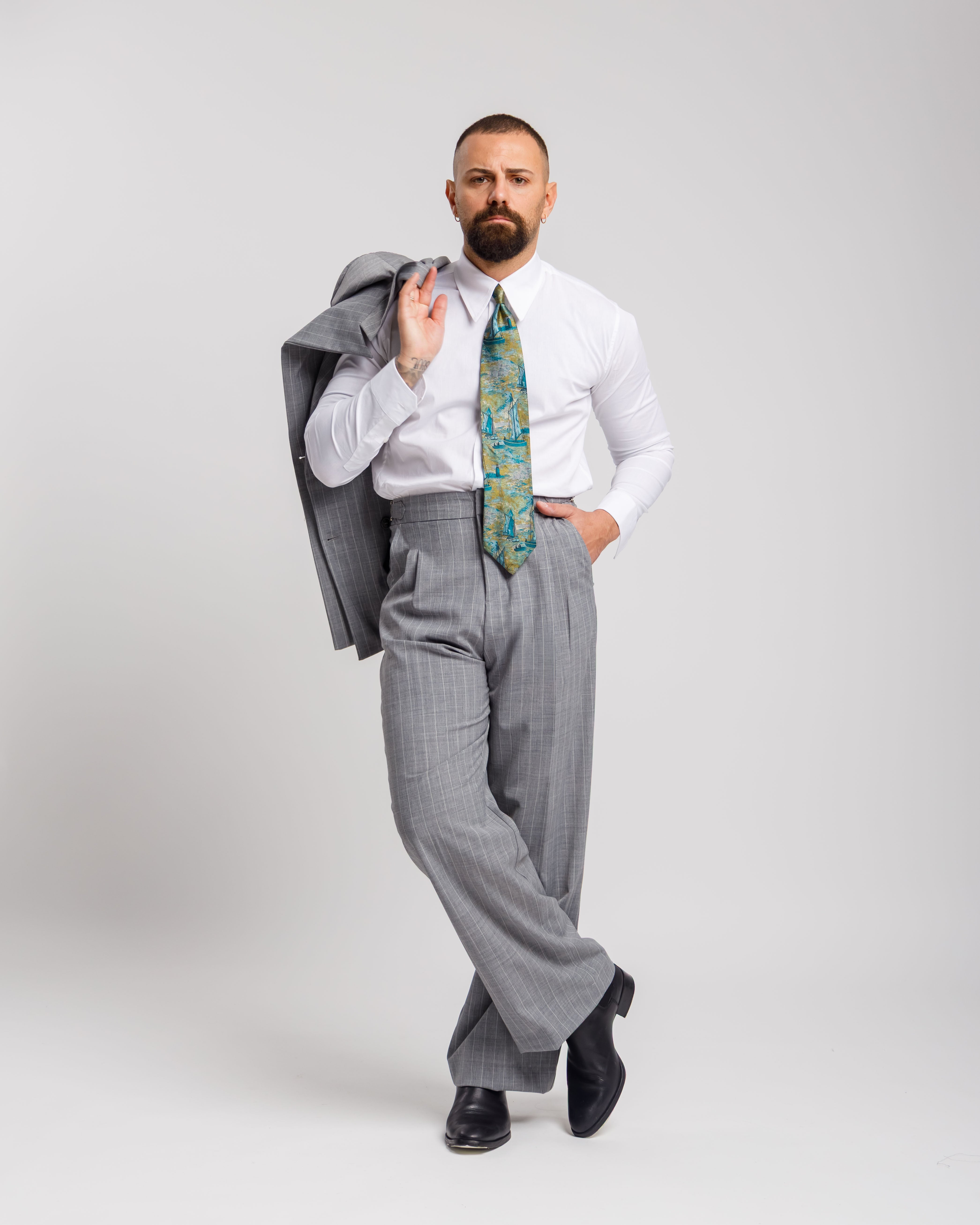 Pantaloni Palazzo Con Fibbie - Ma1051 Gessato Grigio