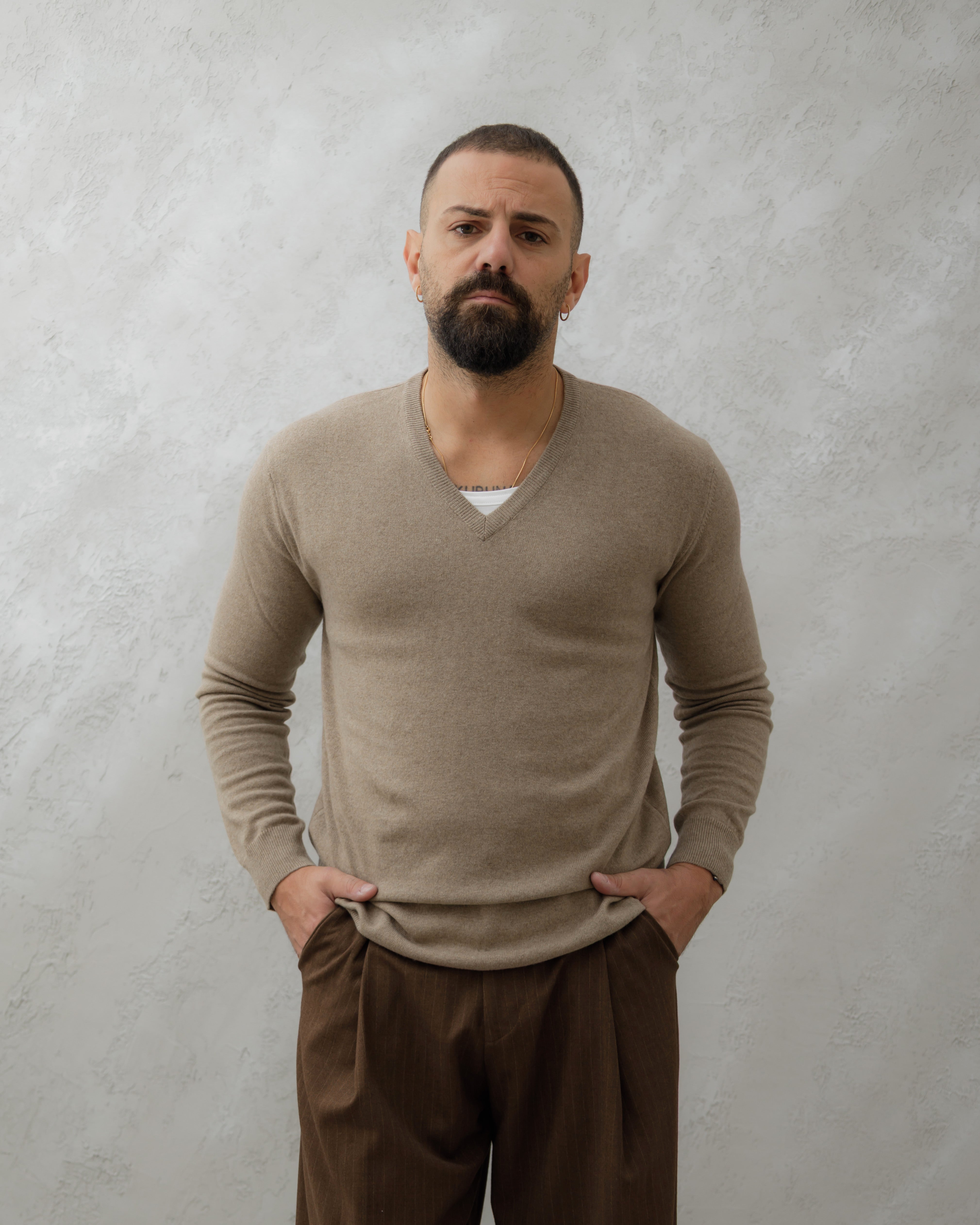 MAGLIA IN LANA SCOLLO V - MA7066 Beige