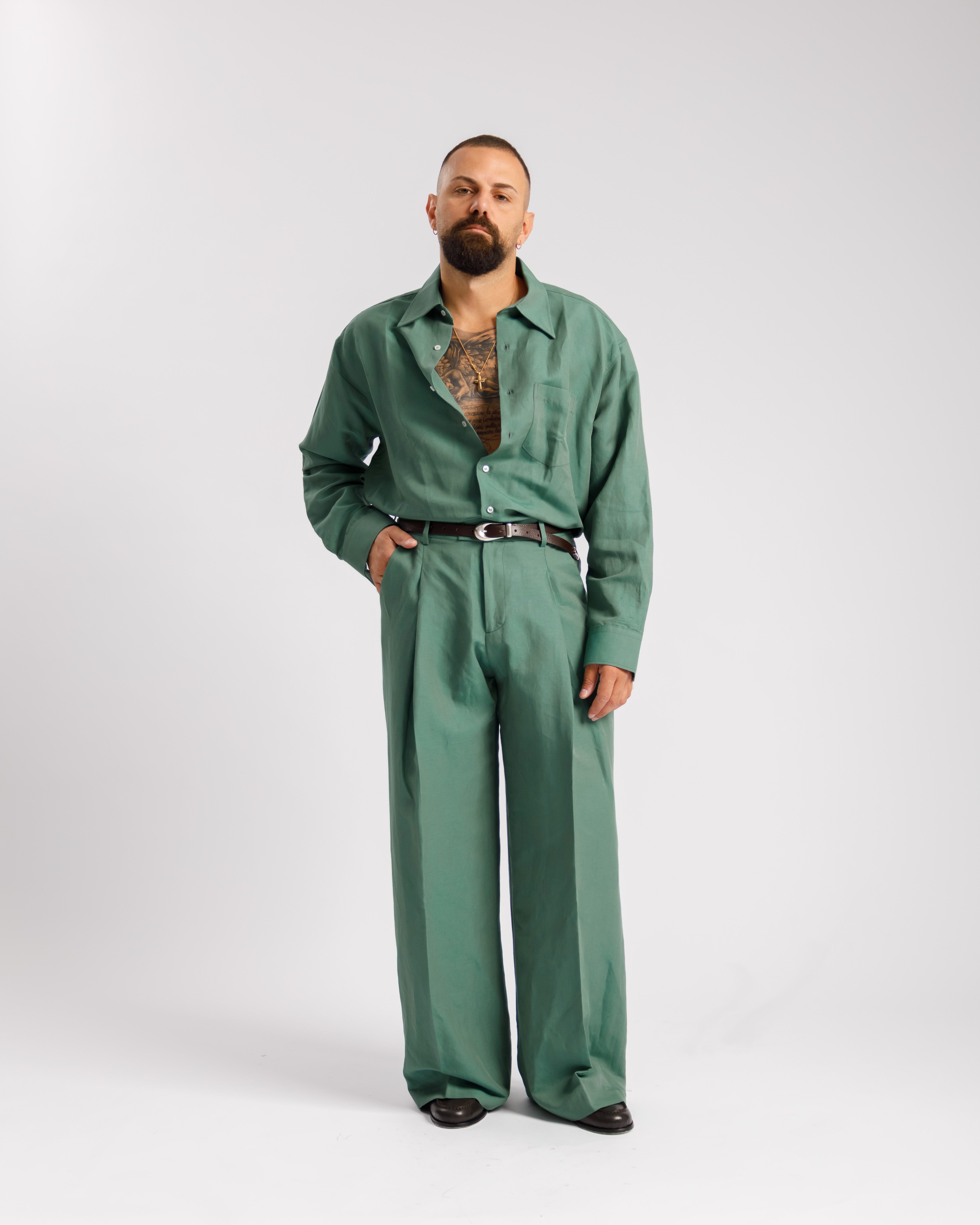 Camicia in lino collo Italiano - VERDE FORESTA