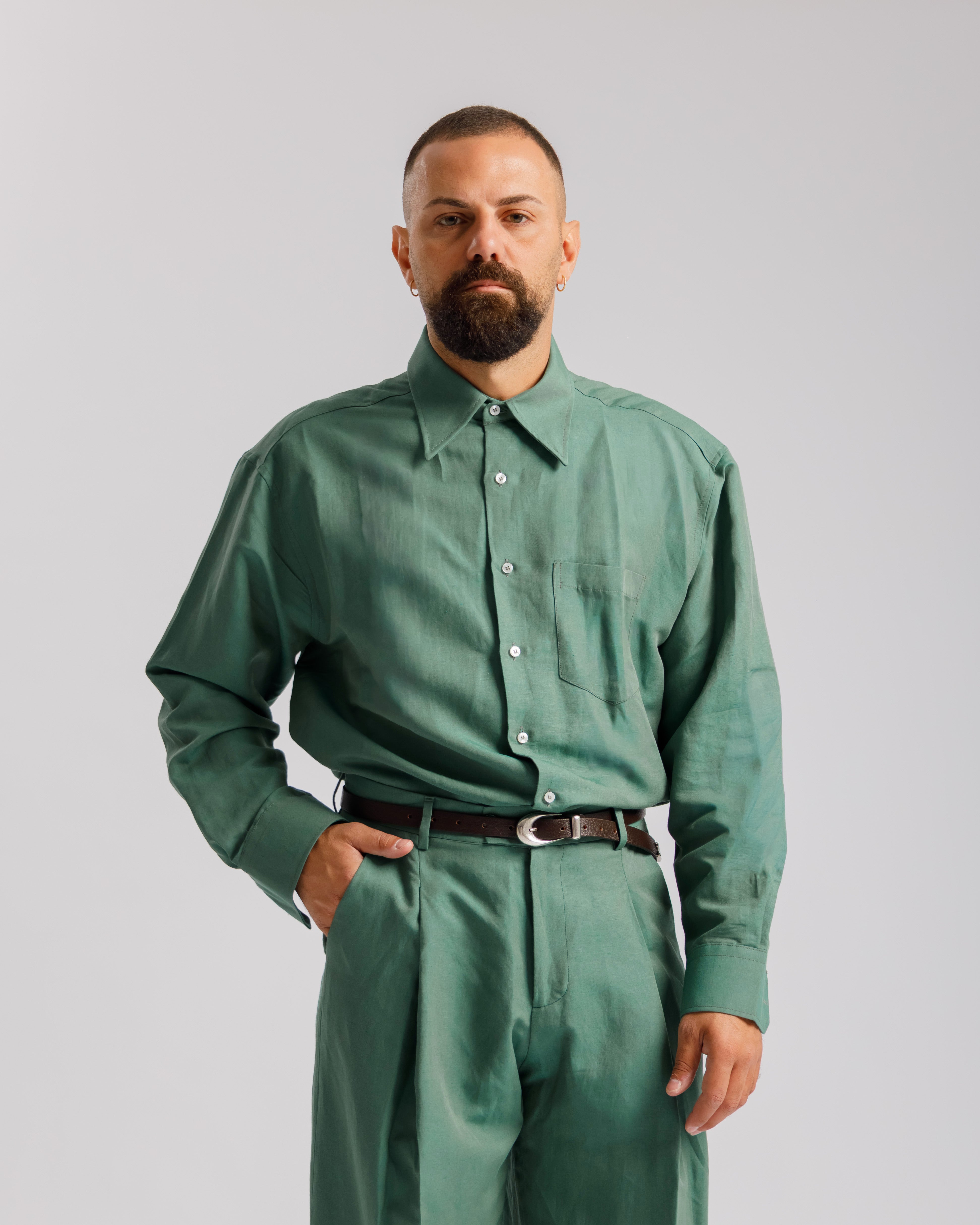 Camicia in lino collo Italiano - VERDE FORESTA