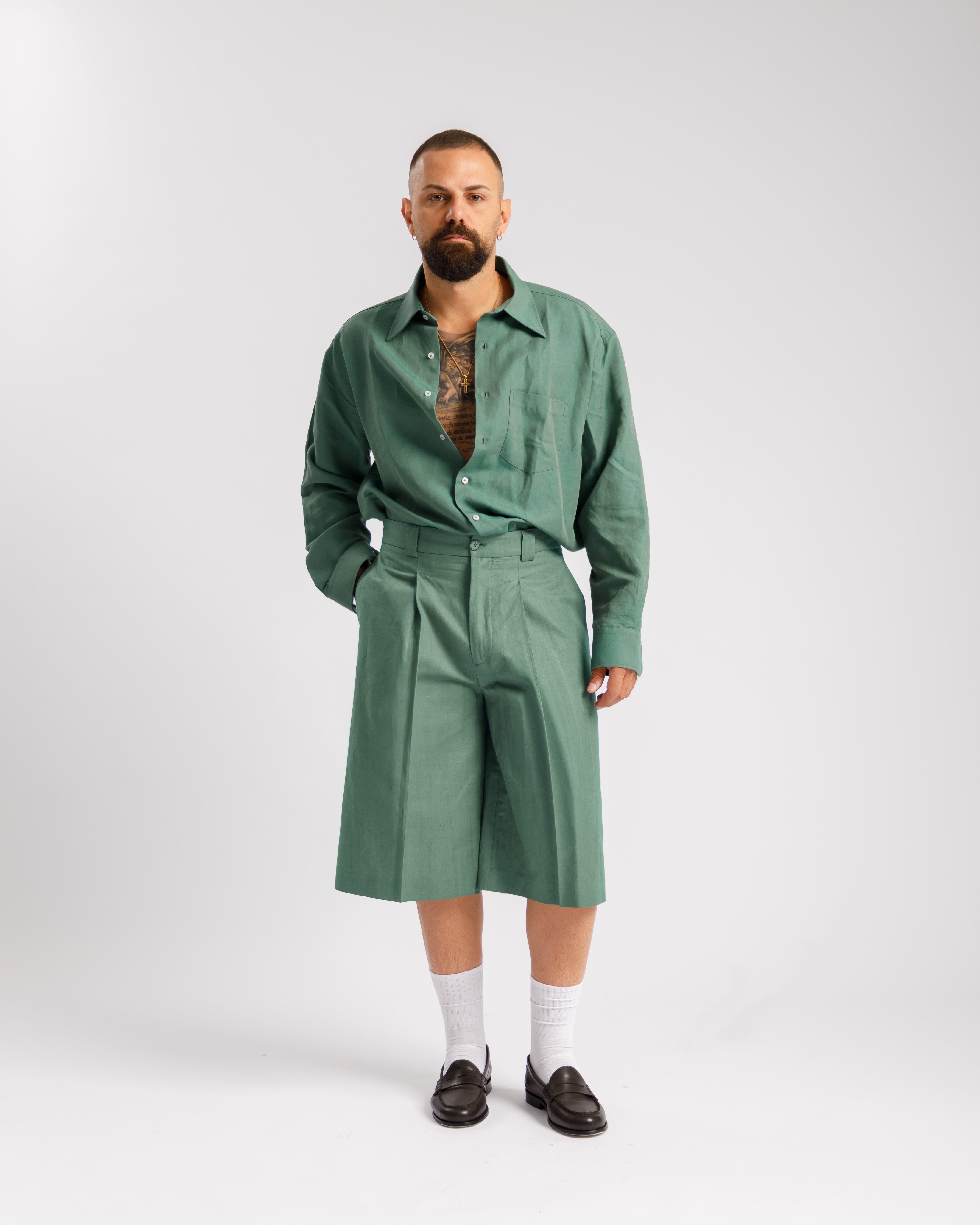 Bermuda in lino - Ma10388 verde foresta