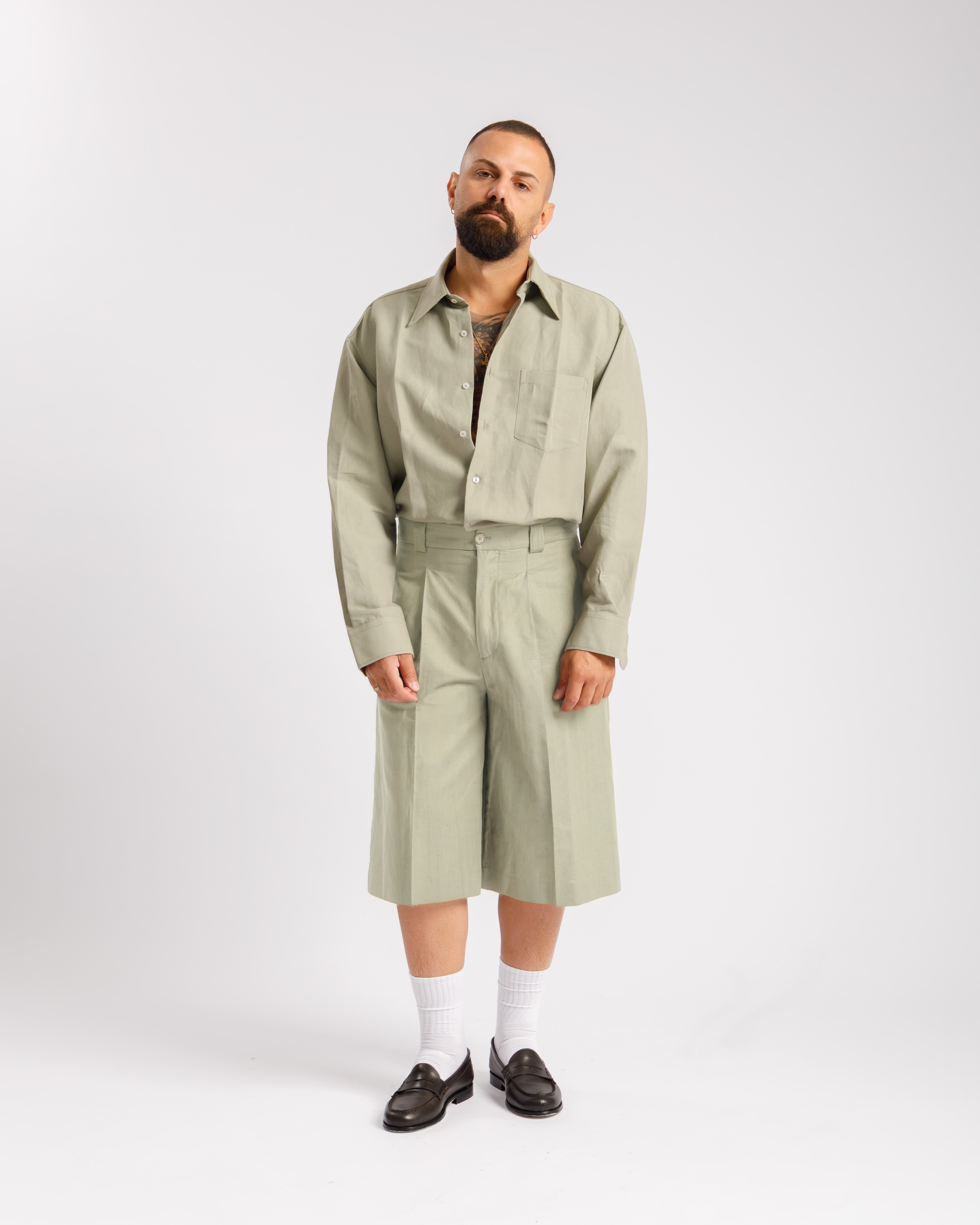 Camicia in lino collo Italiano - salvia