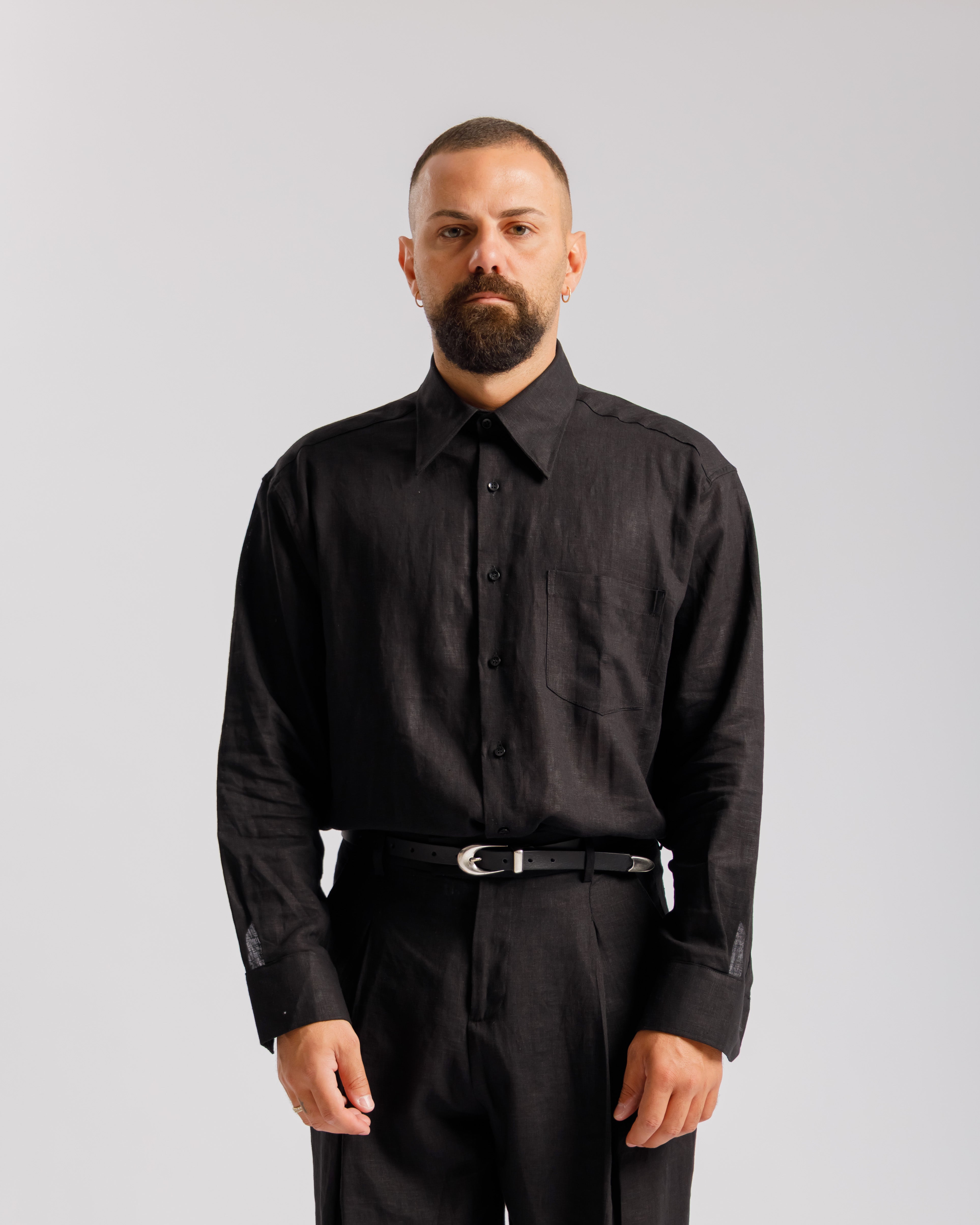 Camicia in lino collo Italiano - NERA