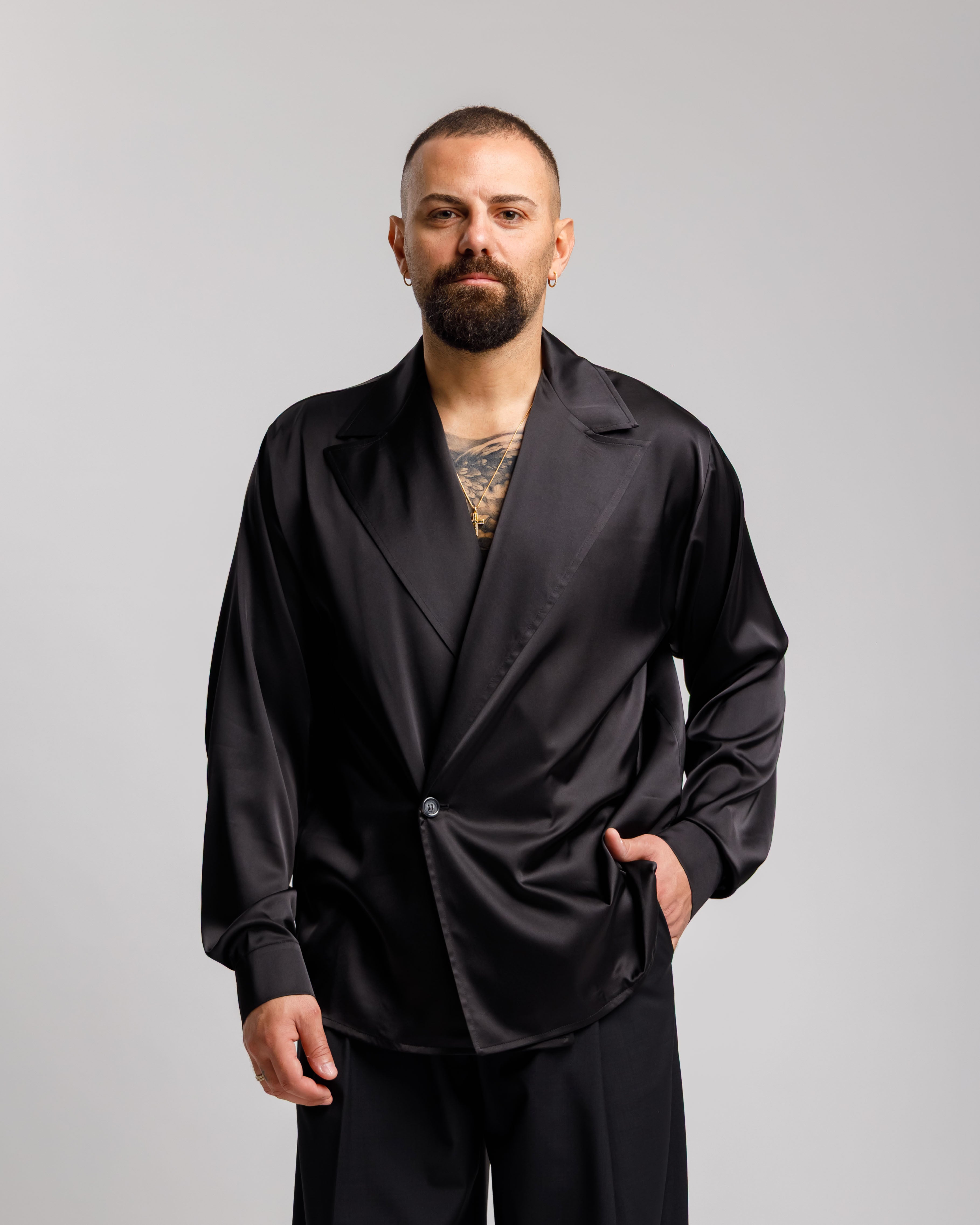 Camicia In Raso Con Rever Ampio - Ma1049 Nera