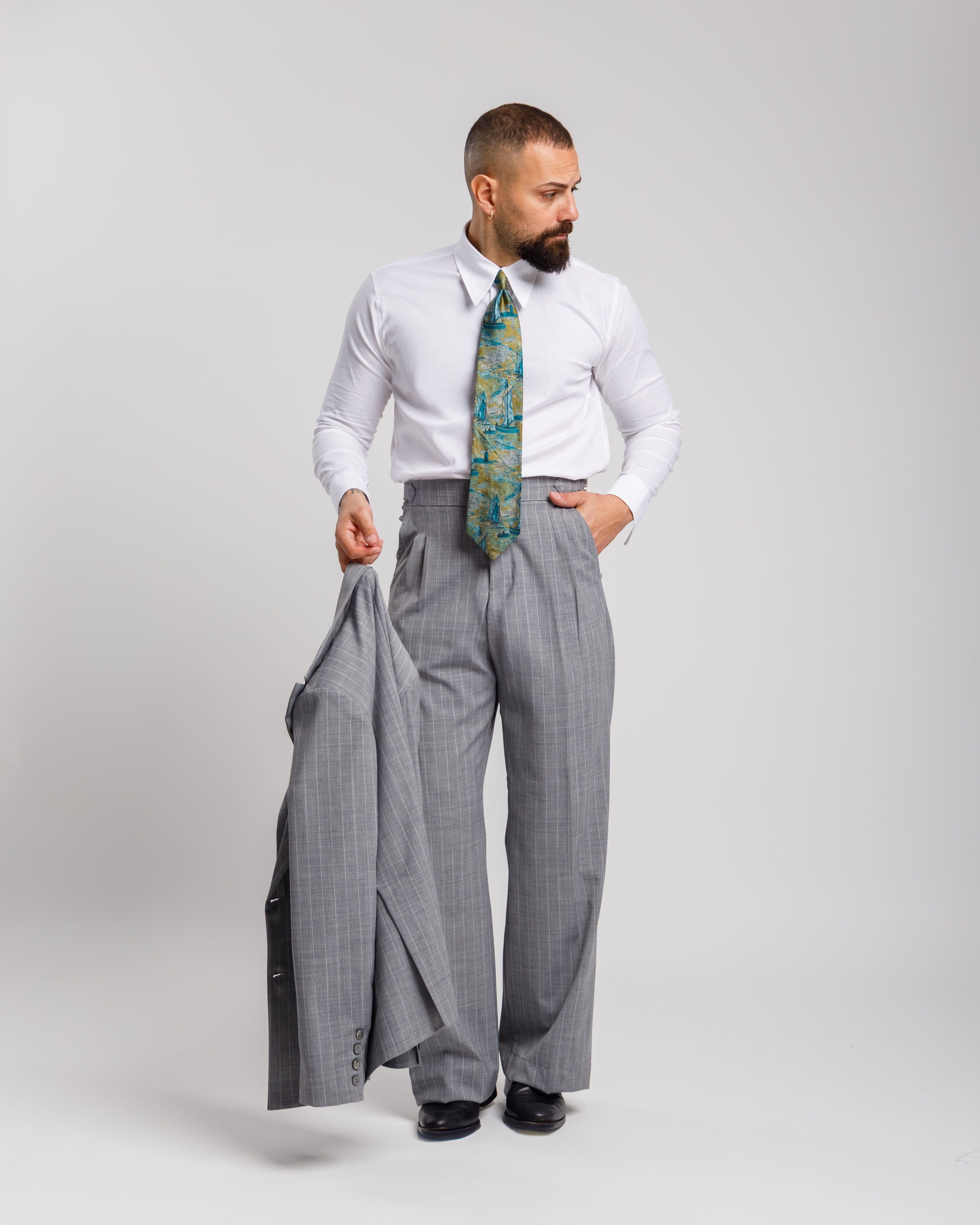 Pantaloni Palazzo Con Fibbie -  Ma1051 Gessato Grigio