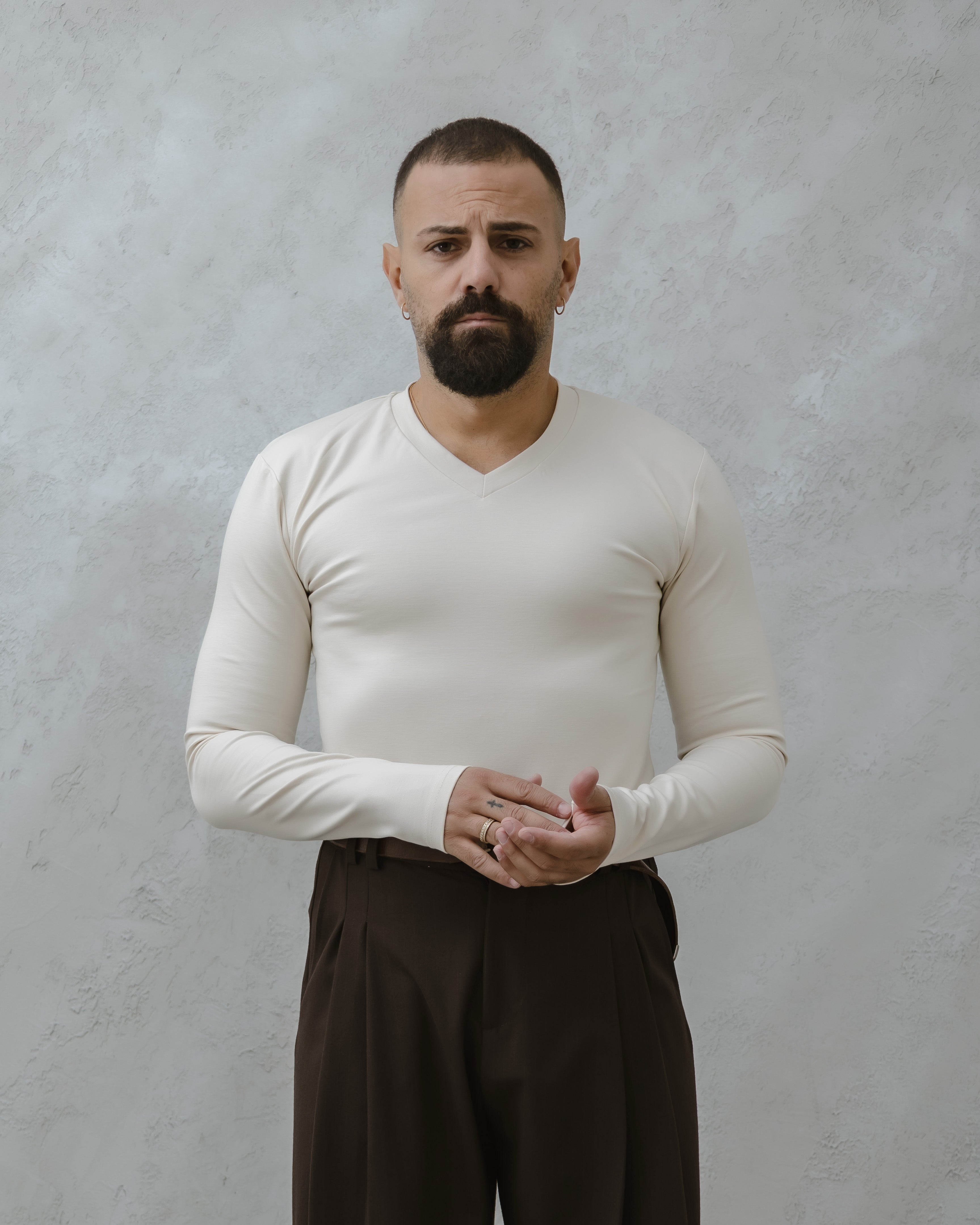 T-SHIRT PUNTO MILANO SCOLLO A V- MA1011PM Beige