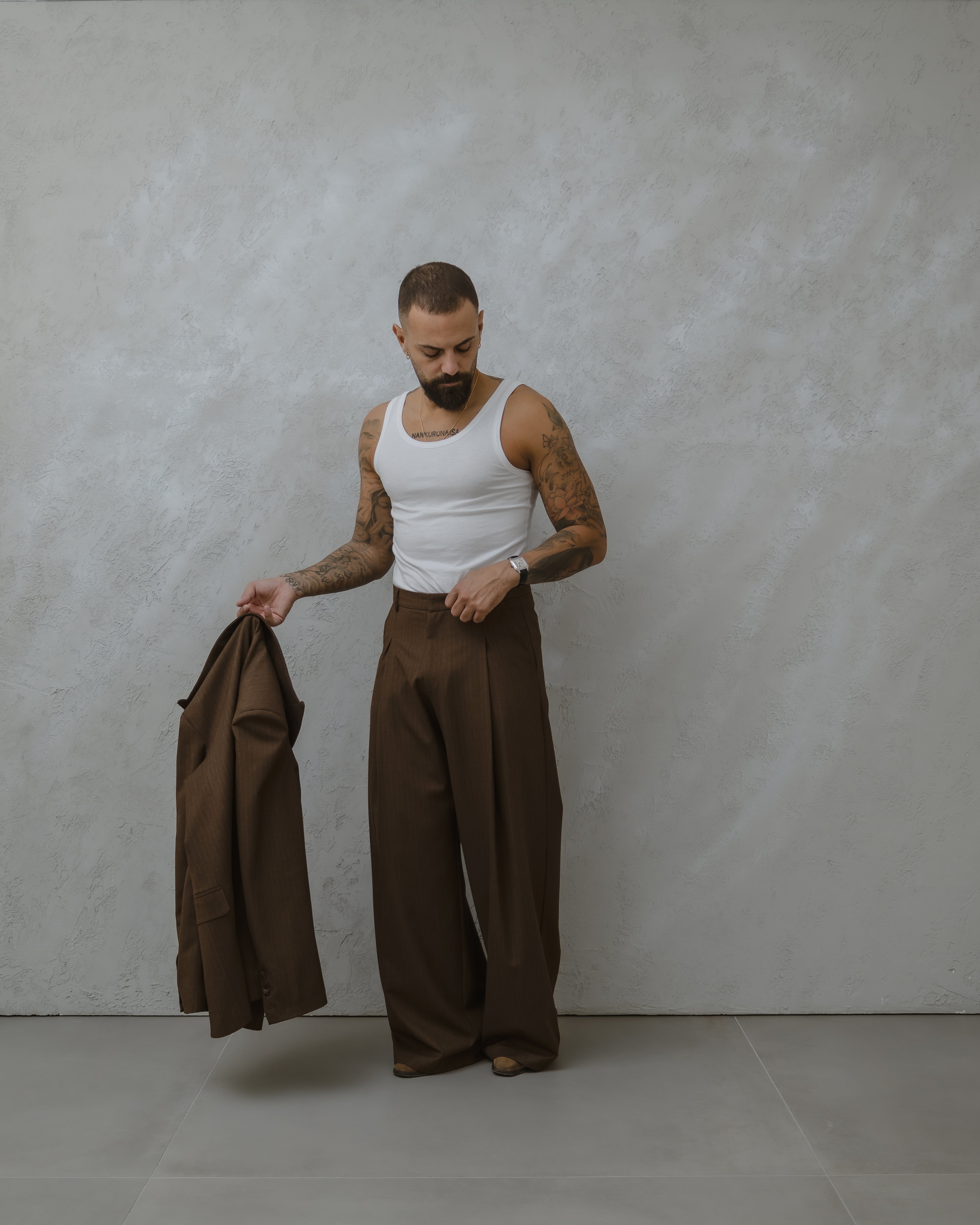 PANTALONE FONDO LARGO IN LANA - MA1024 MARRONE