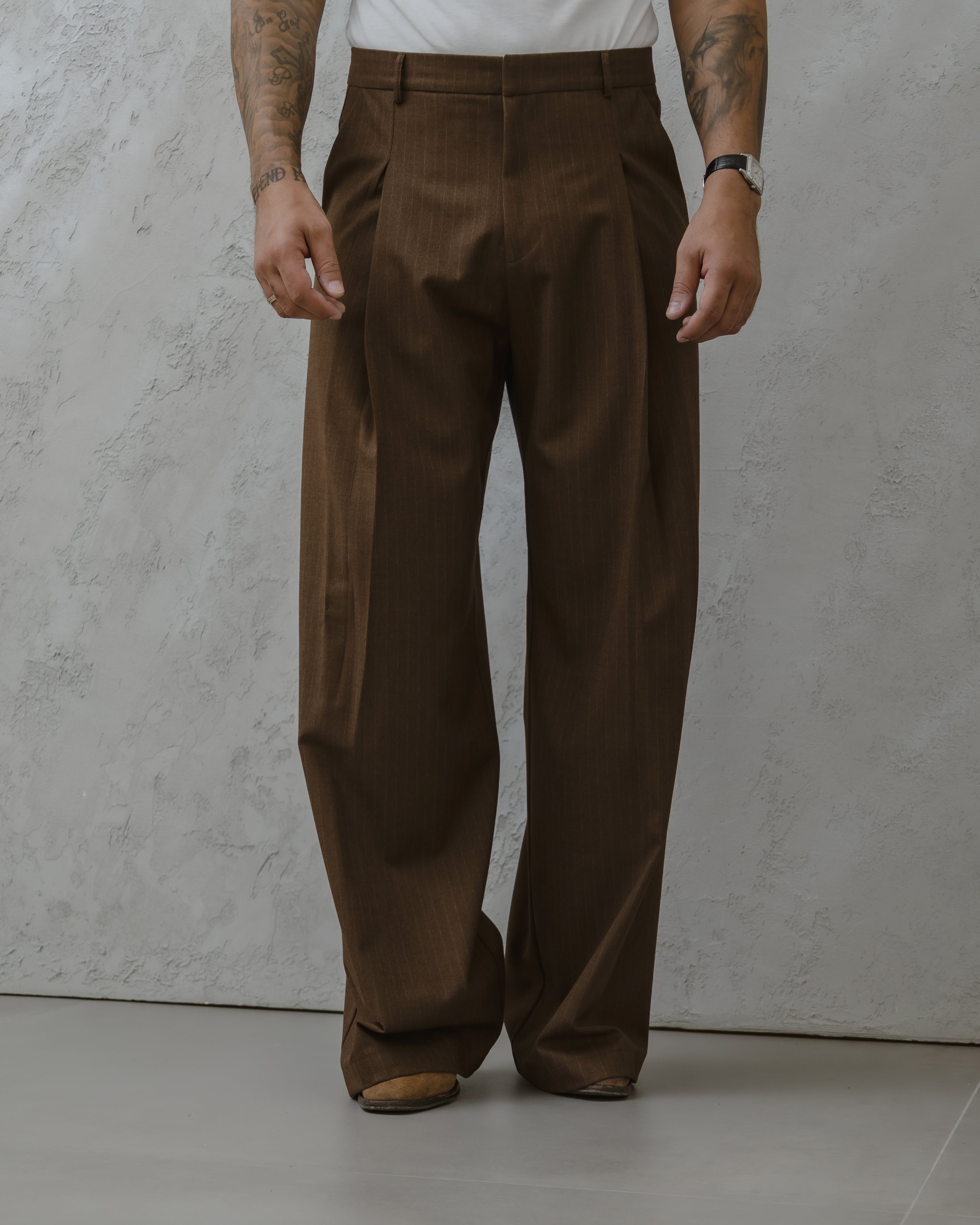 PANTALONE FONDO LARGO IN LANA - MA1024 MARRONE