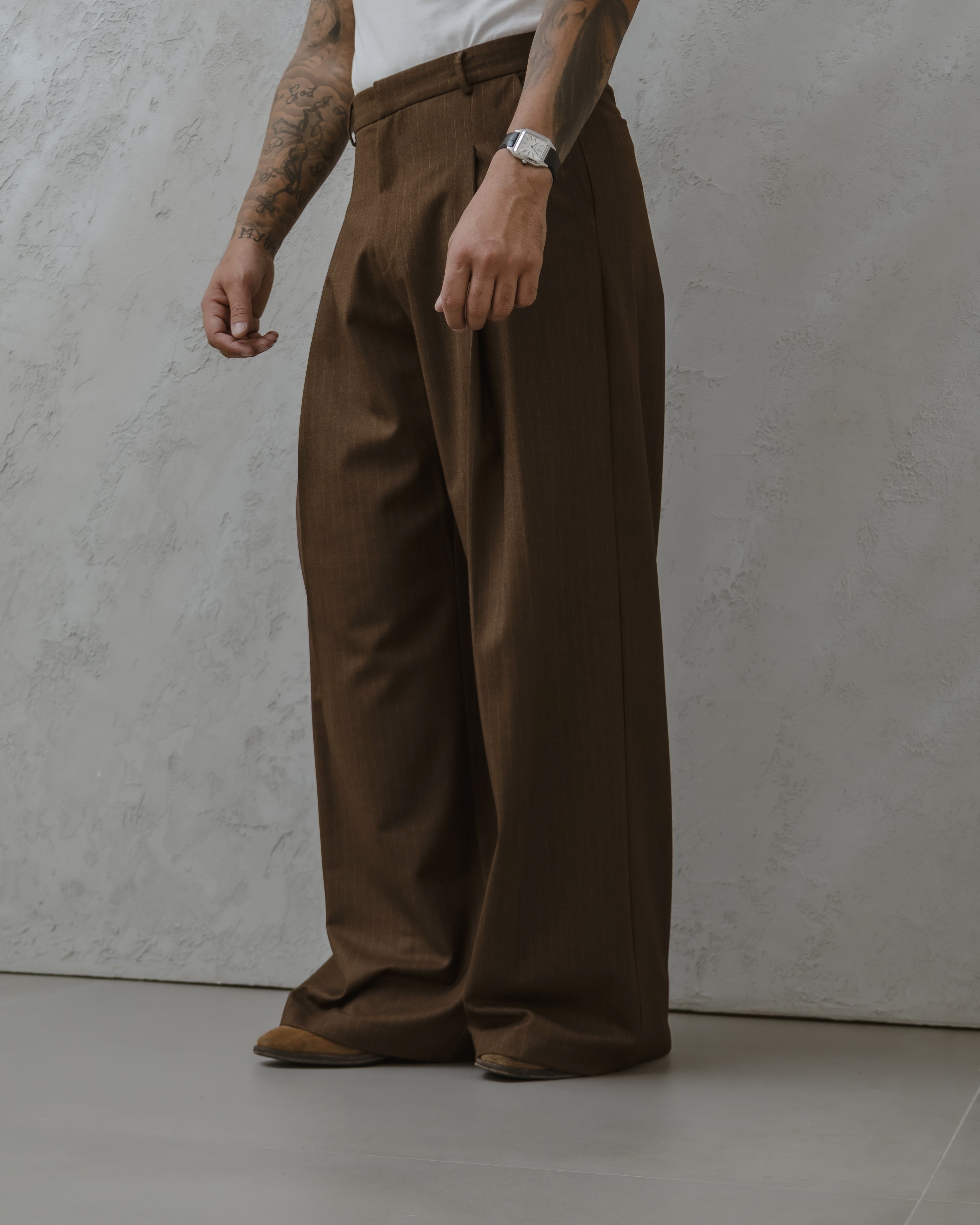 PANTALONE FONDO LARGO IN LANA - MA1024 MARRONE