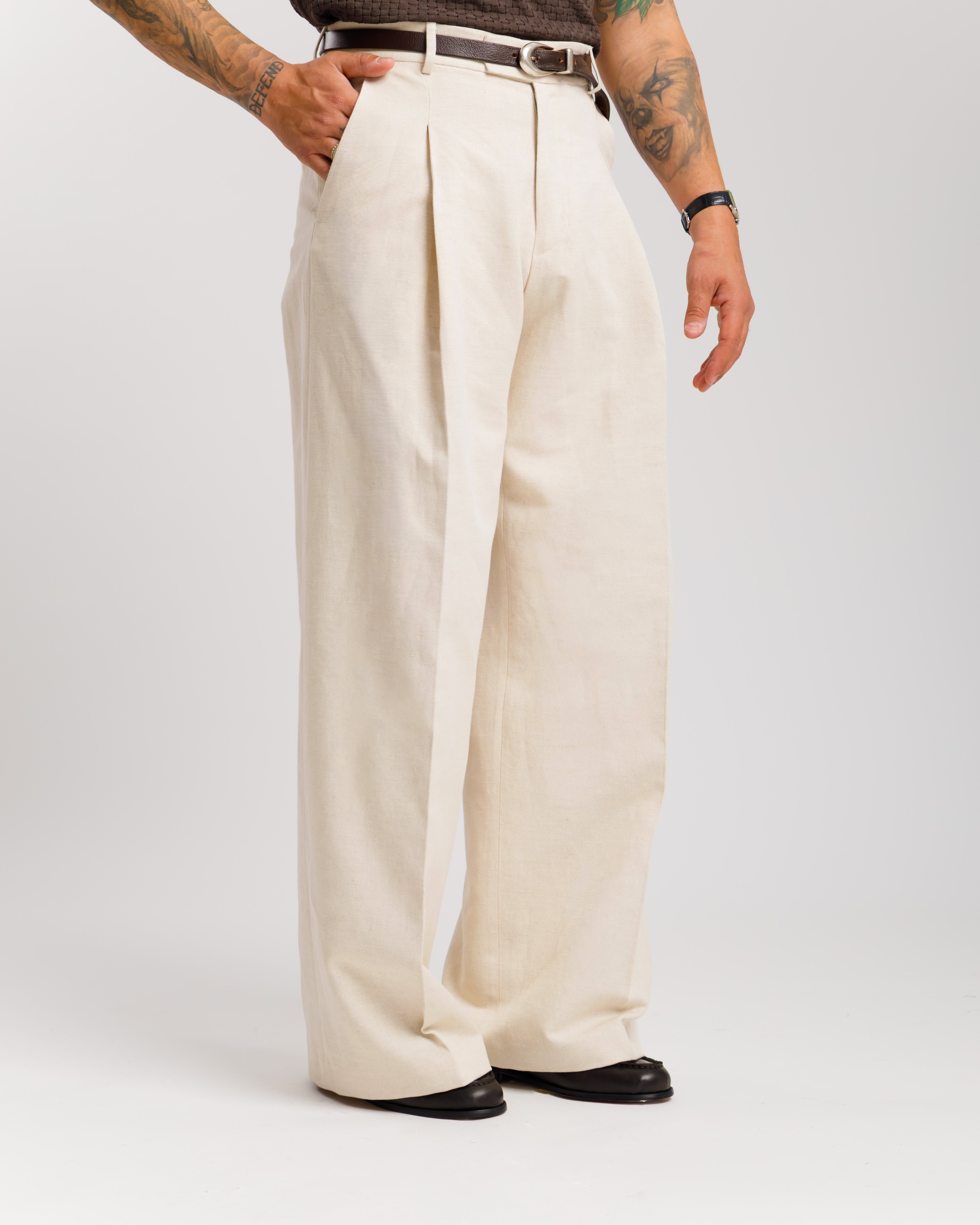 Pantaloni Wide Fit misto lino  -  Ma1032 Panna