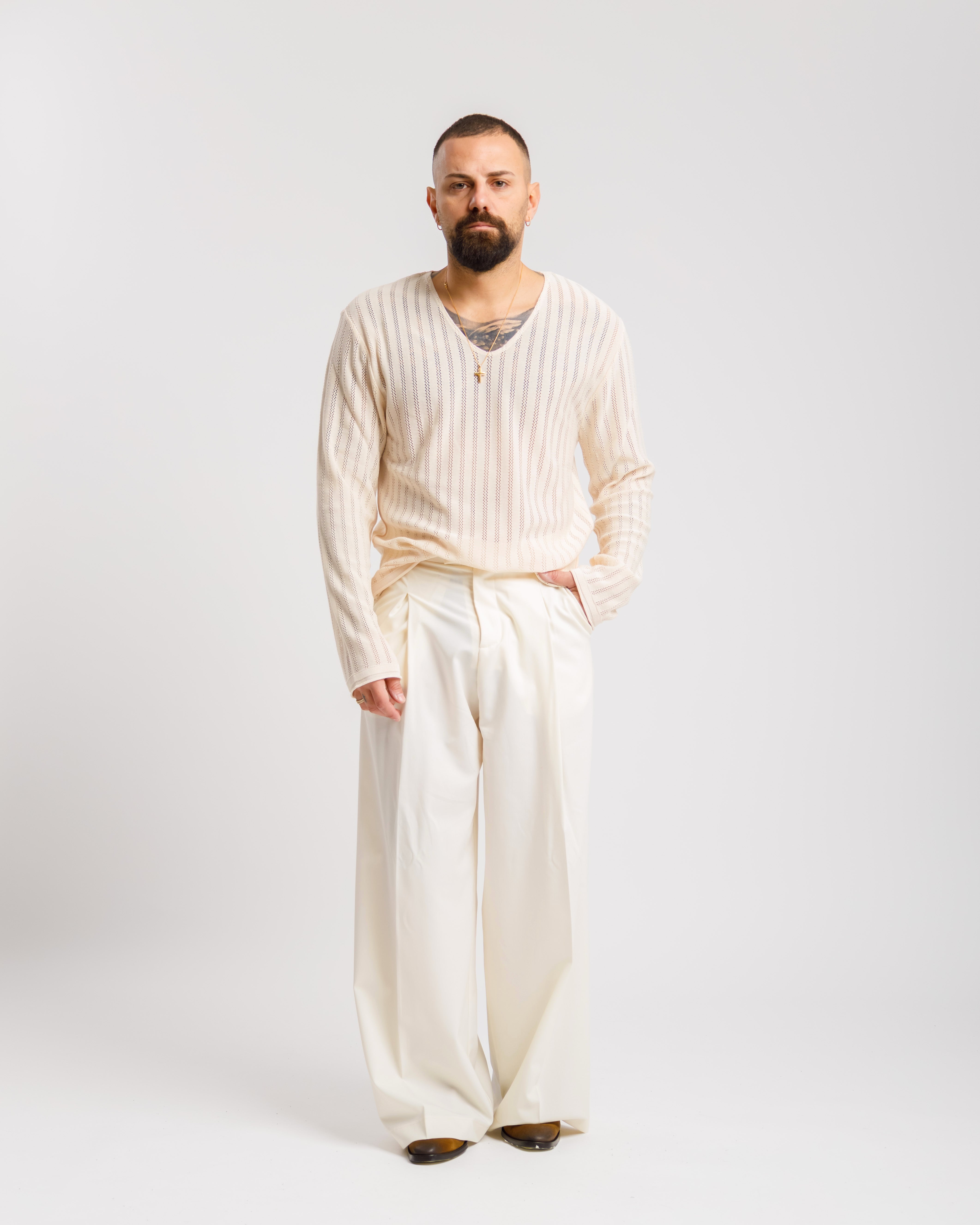 Maglia Scollo a V traforata - MASS607 PANNA