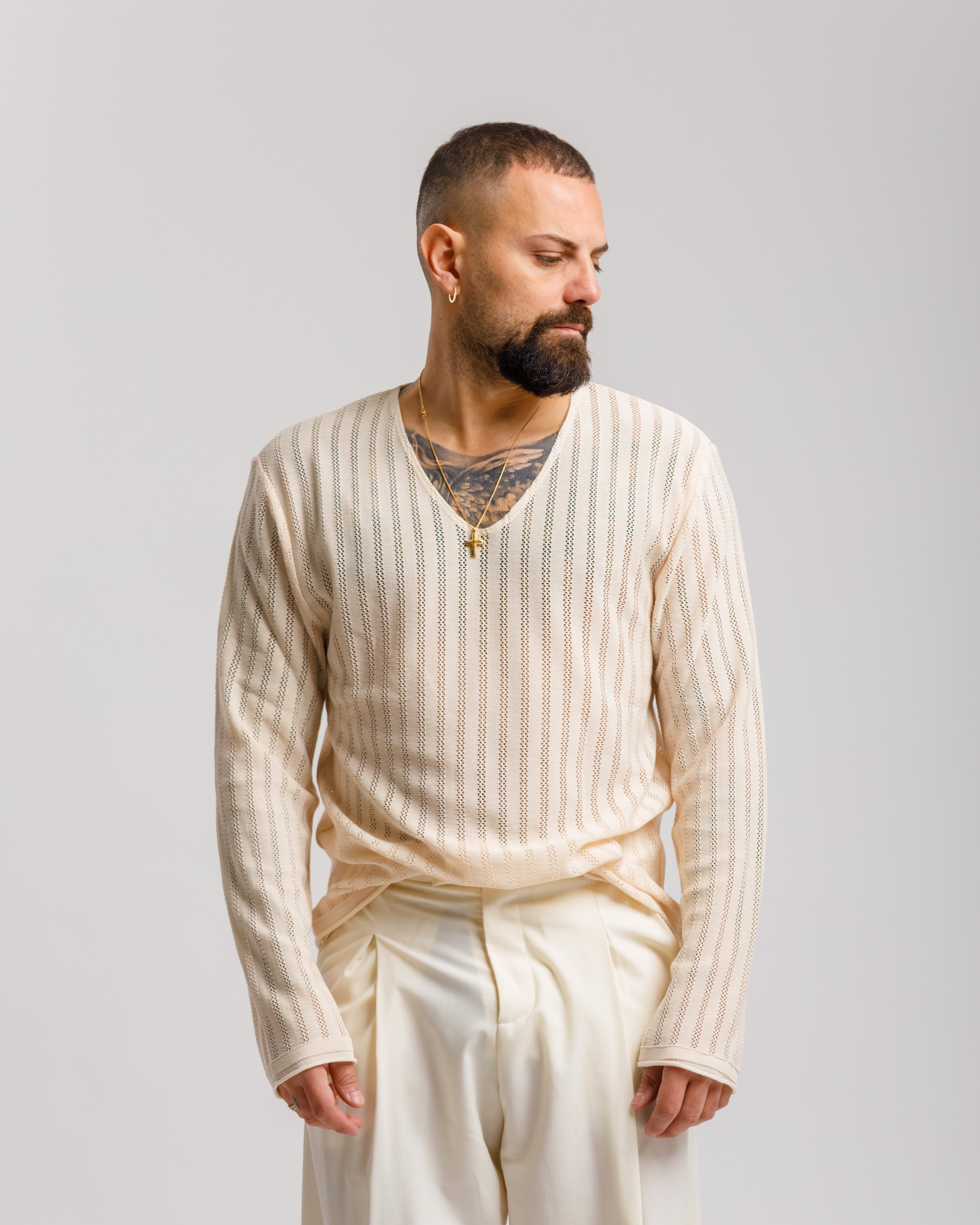 Maglia Scollo a V traforata - MASS607 PANNA