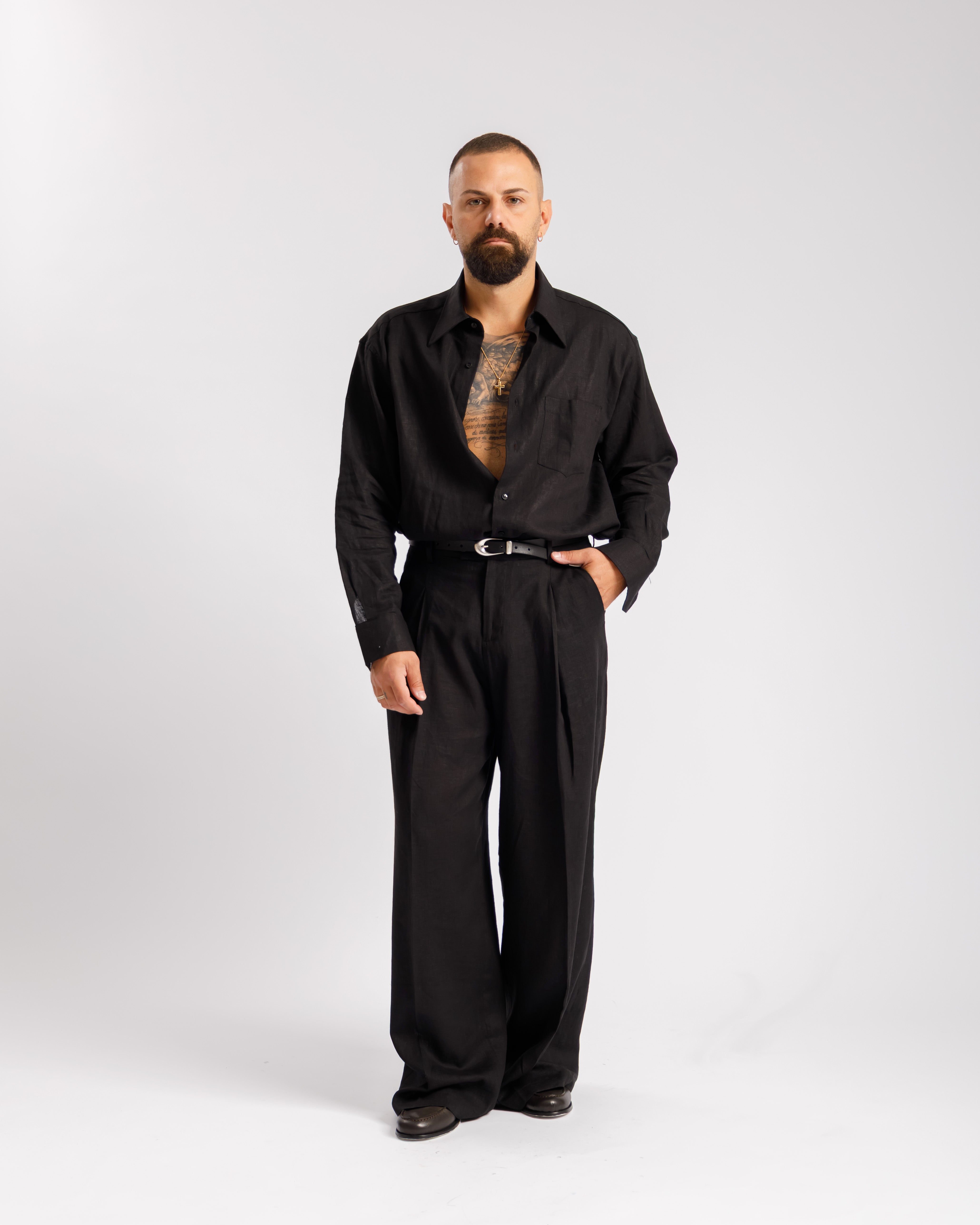 Camicia in lino collo Italiano  - NERA