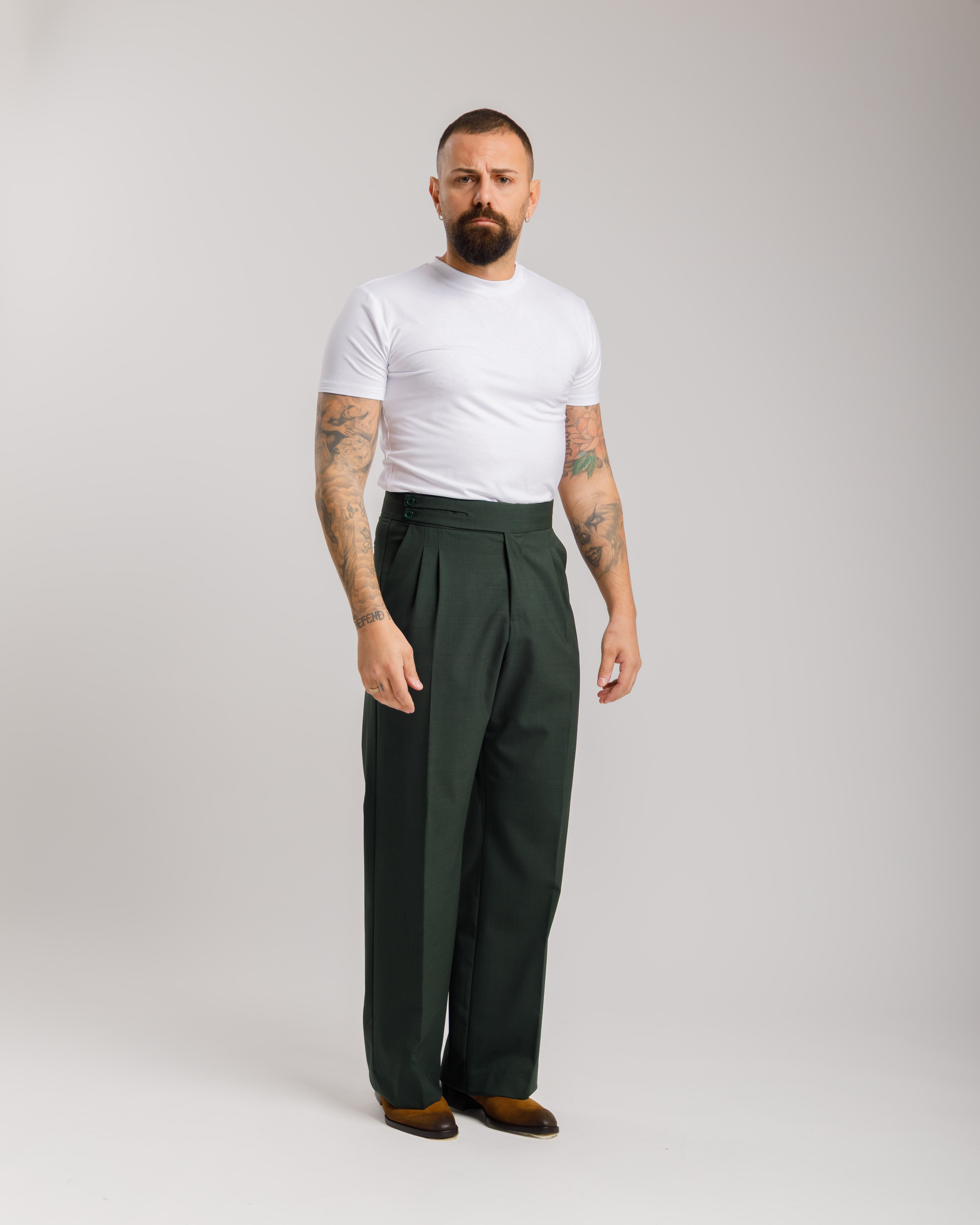 Pantaloni Palazzo Doppio Bottone -  Ma1061 Verde Bosco
