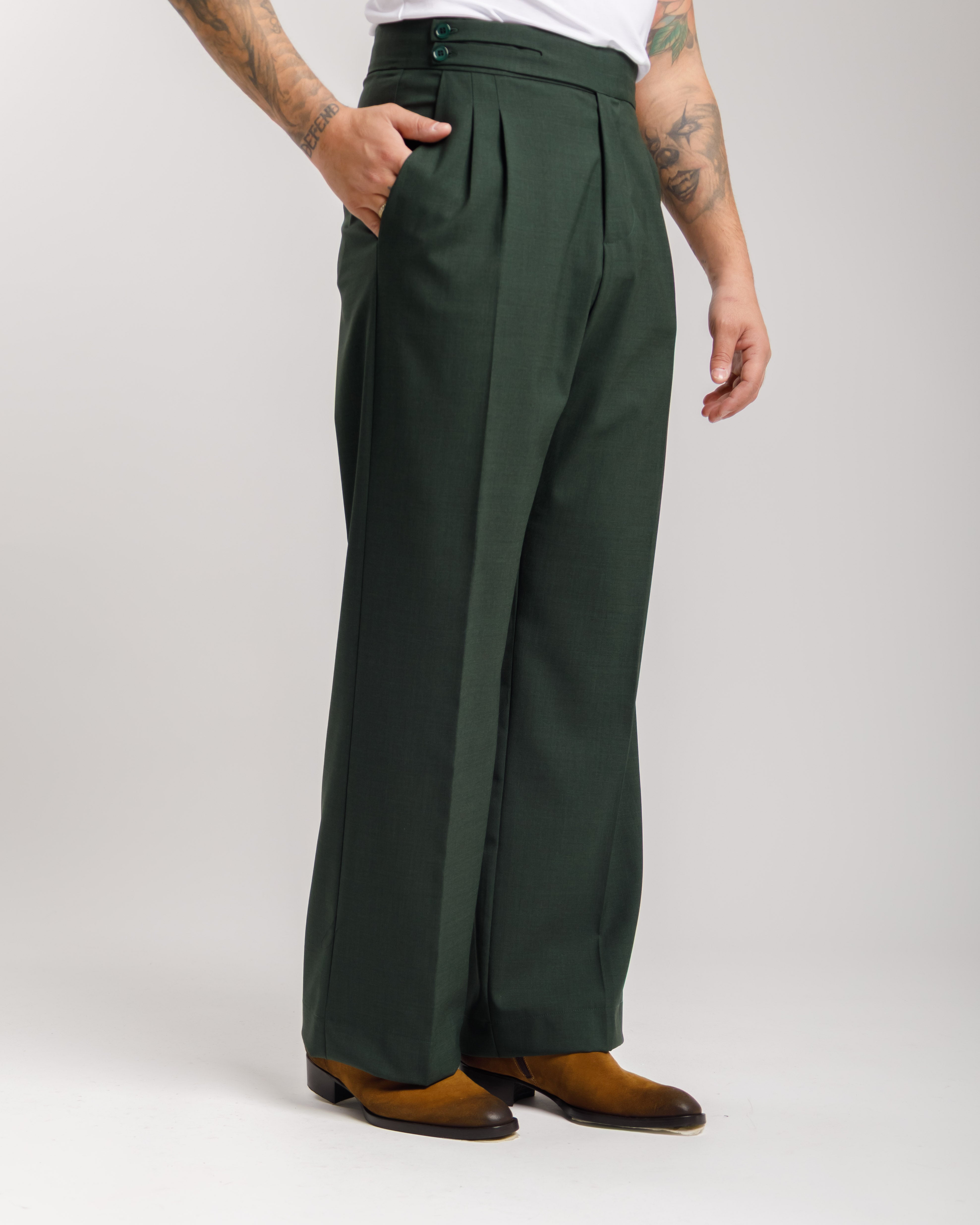 Pantaloni Palazzo Doppio Bottone -  Ma1061 Verde Bosco