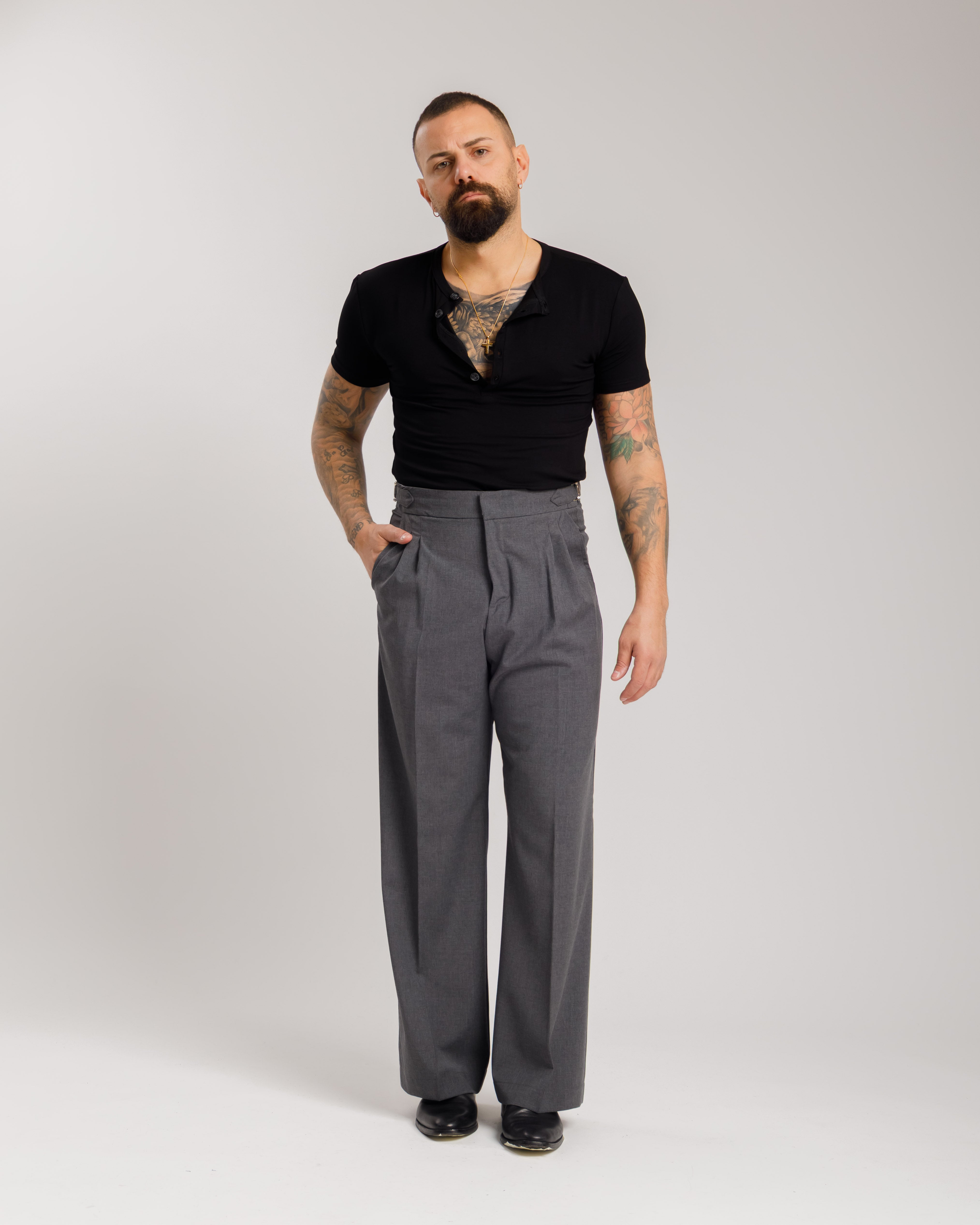 Pantaloni Palazzo Con Fibbie -  Ma1051 Grigio
